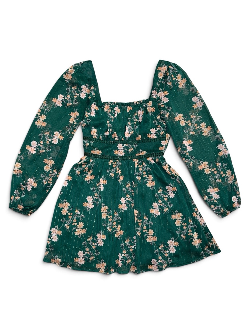 Trixxi Medium Emerald Green Floral Garden Fairy Danty Puff-Sleeve Dress